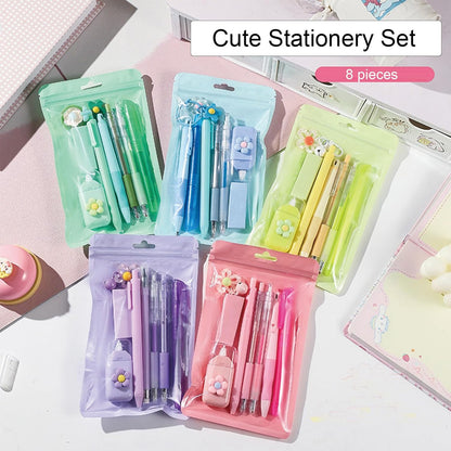 8 Pcs Cute Yellow Stationery Set for Girls Boys Women Back to School Supplies Office Supplies Kawaii Candy Colors Stationery Gift Including Pen Pencil Highlighter Eraser (Yellow)