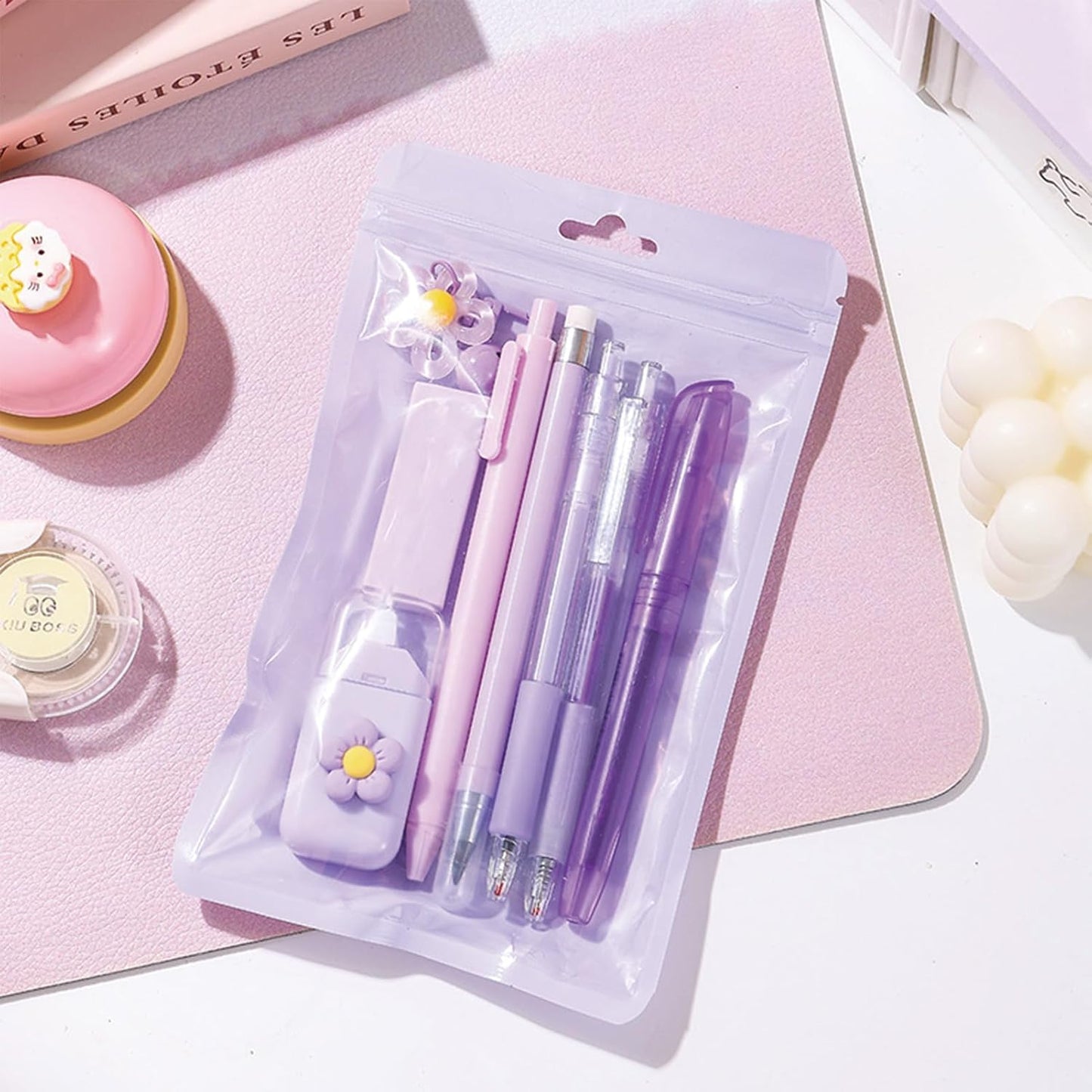 8 Pcs Cute Yellow Stationery Set for Girls Boys Women Back to School Supplies Office Supplies Kawaii Candy Colors Stationery Gift Including Pen Pencil Highlighter Eraser (Yellow)
