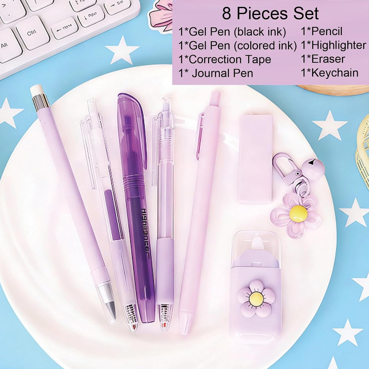 8 Pcs Cute Yellow Stationery Set for Girls Boys Women Back to School Supplies Office Supplies Kawaii Candy Colors Stationery Gift Including Pen Pencil Highlighter Eraser (Yellow)