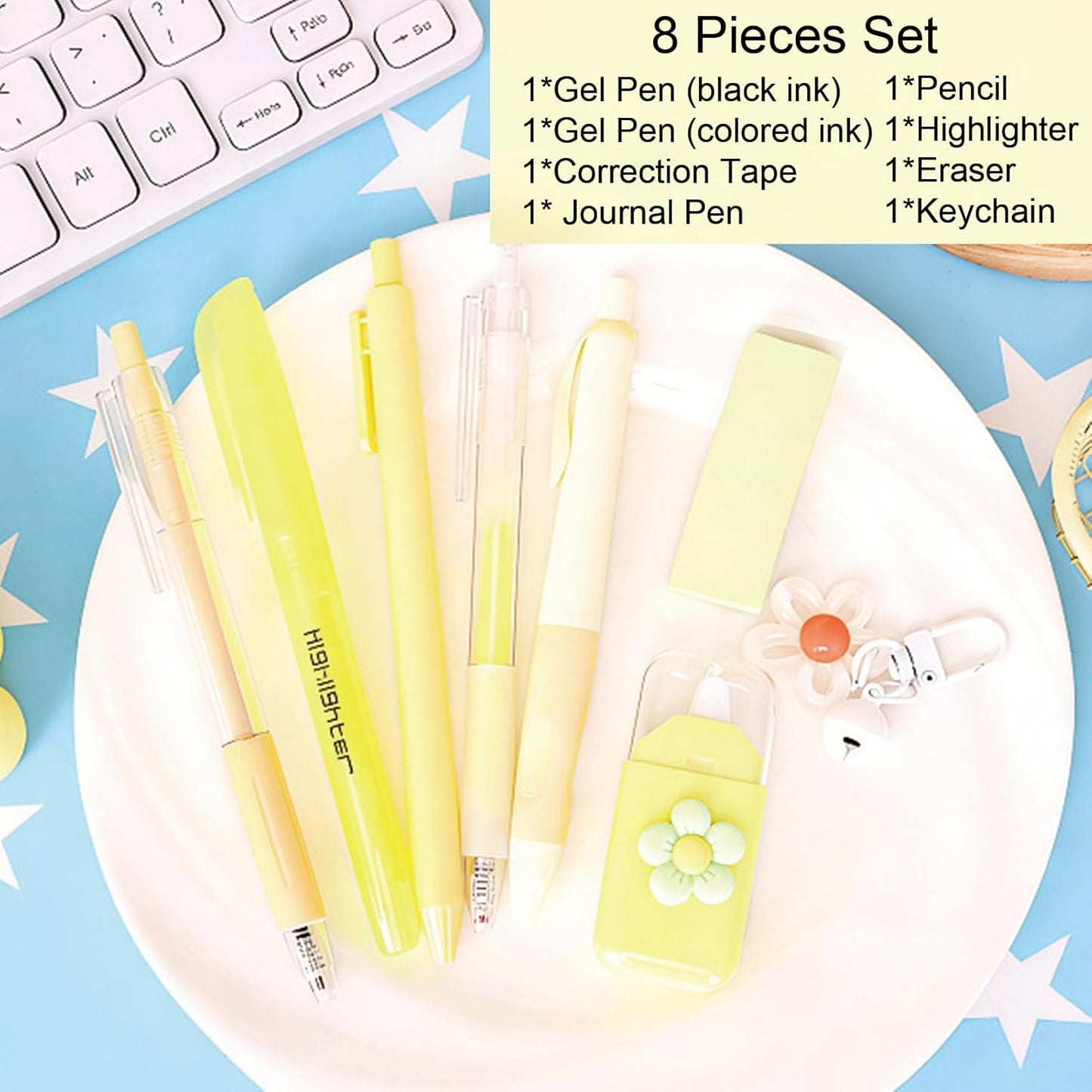 8 Pcs Cute Yellow Stationery Set for Girls Boys Women Back to School Supplies Office Supplies Kawaii Candy Colors Stationery Gift Including Pen Pencil Highlighter Eraser (Yellow)