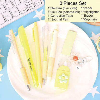 8 Pcs Cute Yellow Stationery Set for Girls Boys Women Back to School Supplies Office Supplies Kawaii Candy Colors Stationery Gift Including Pen Pencil Highlighter Eraser (Yellow)