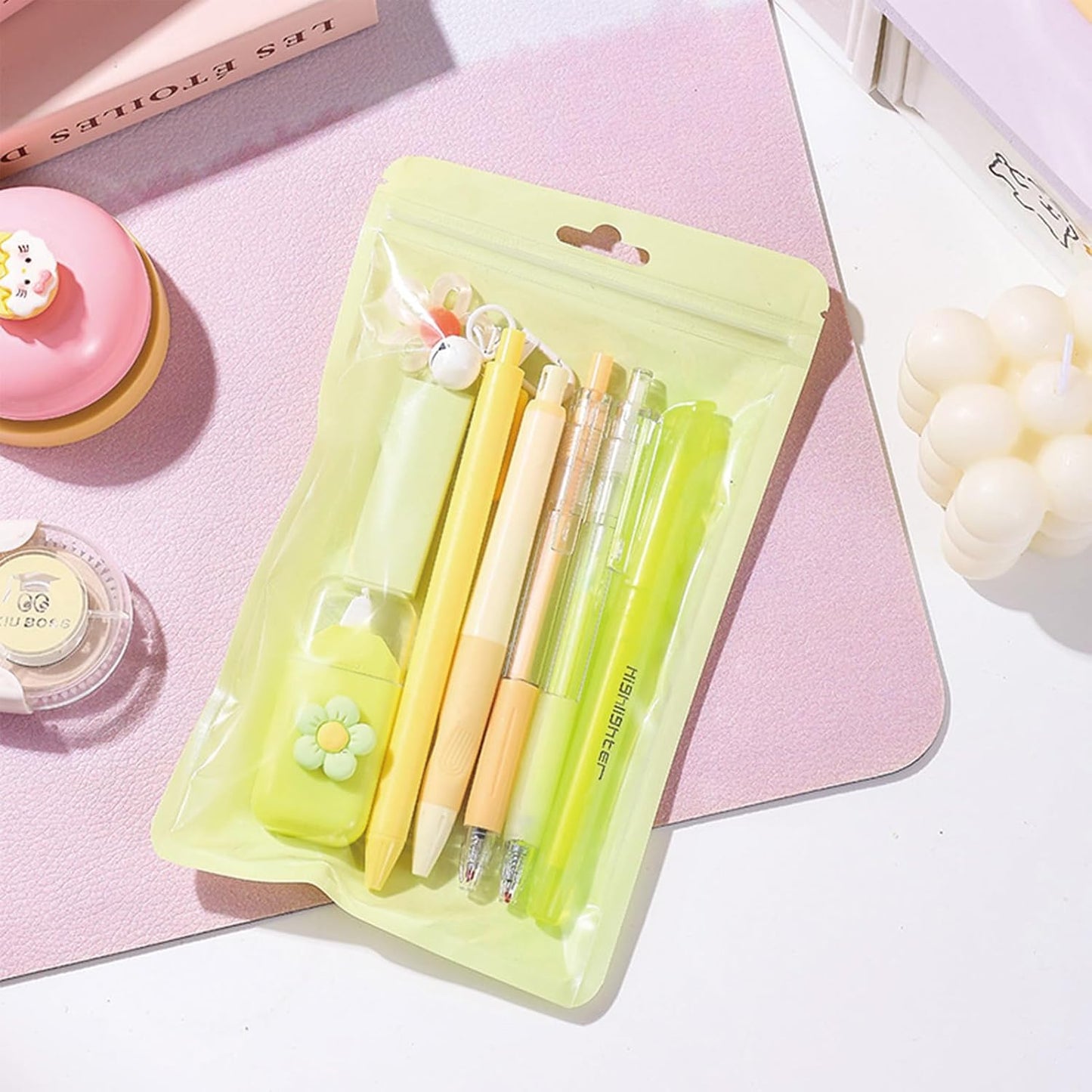8 Pcs Cute Yellow Stationery Set for Girls Boys Women Back to School Supplies Office Supplies Kawaii Candy Colors Stationery Gift Including Pen Pencil Highlighter Eraser (Yellow)