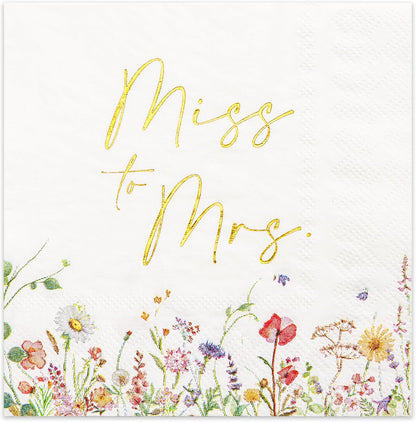 3-Ply Floral Bridal Shower Napkins - Gold Foil Miss to Mrs Paper Disposable Napkins for Engagement/Bridal Shower/Wedding/Bachelorette Party Decoration, 50 Counts