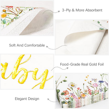 3-Ply Floral Bridal Shower Napkins - Gold Foil Miss to Mrs Paper Disposable Napkins for Engagement/Bridal Shower/Wedding/Bachelorette Party Decoration, 50 Counts