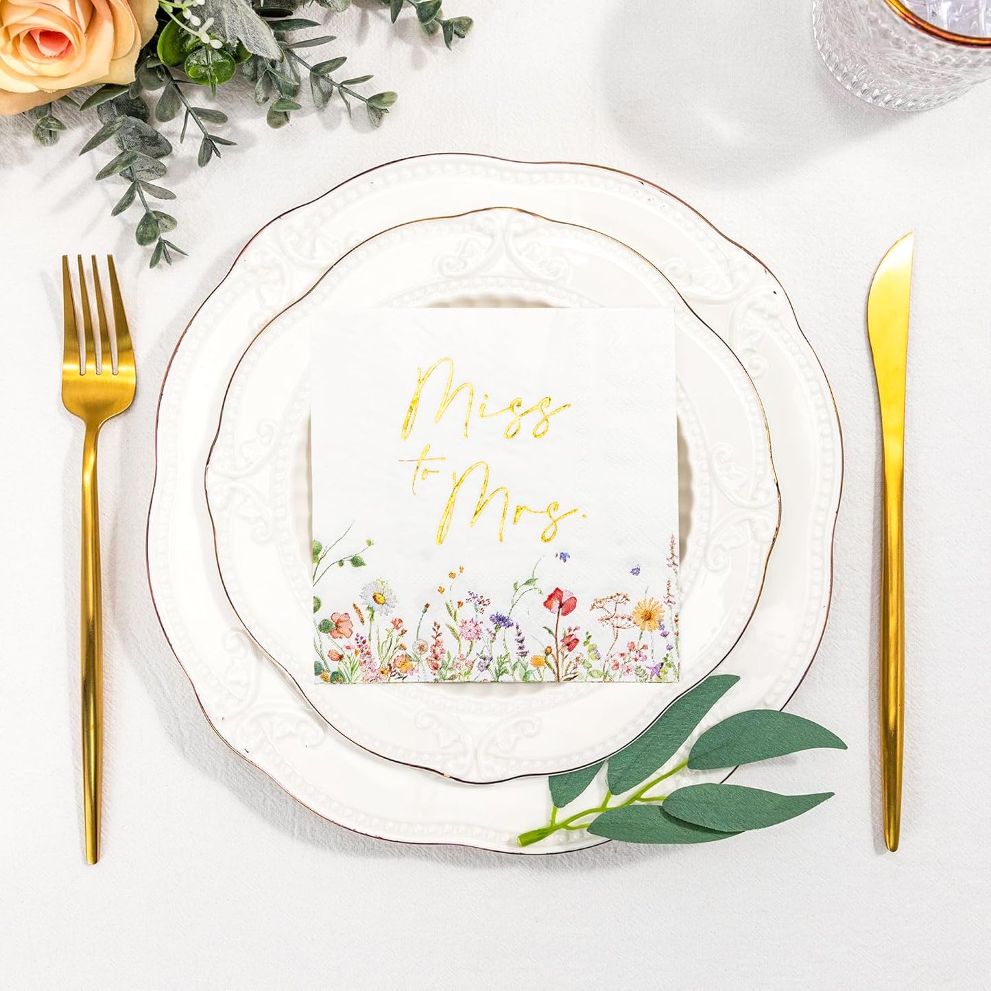 3-Ply Floral Bridal Shower Napkins - Gold Foil Miss to Mrs Paper Disposable Napkins for Engagement/Bridal Shower/Wedding/Bachelorette Party Decoration, 50 Counts