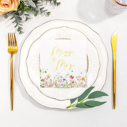 3-Ply Floral Bridal Shower Napkins - Gold Foil Miss to Mrs Paper Disposable Napkins for Engagement/Bridal Shower/Wedding/Bachelorette Party Decoration, 50 Counts