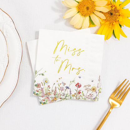 3-Ply Floral Bridal Shower Napkins - Gold Foil Miss to Mrs Paper Disposable Napkins for Engagement/Bridal Shower/Wedding/Bachelorette Party Decoration, 50 Counts
