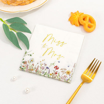 3-Ply Floral Bridal Shower Napkins - Gold Foil Miss to Mrs Paper Disposable Napkins for Engagement/Bridal Shower/Wedding/Bachelorette Party Decoration, 50 Counts