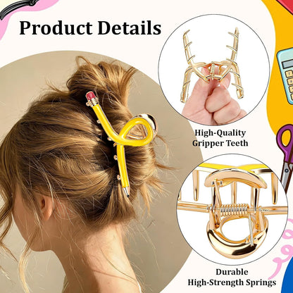 2 PCS Pencil Hair Clips for Women, Cute Teacher Claw Clips, Funny Hair Accessories for Back to School Teacher Gifts