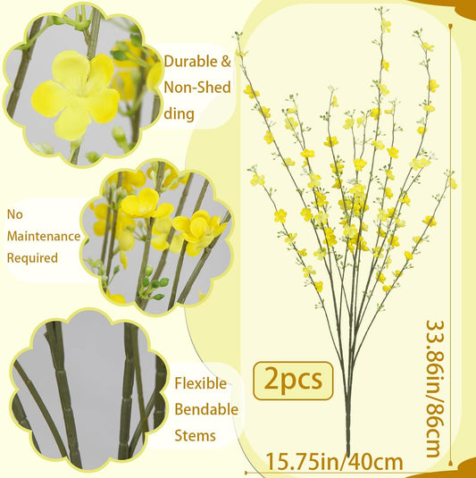 2 Pcs Artificial Wildflower Stems Yellow Faux Forsythia Branches for Vase | 34" Long Stem Fake Spring Flower Picks for Floral Arrangements Table Centerpieces Home Decorations Indoor Outdoor Wedding