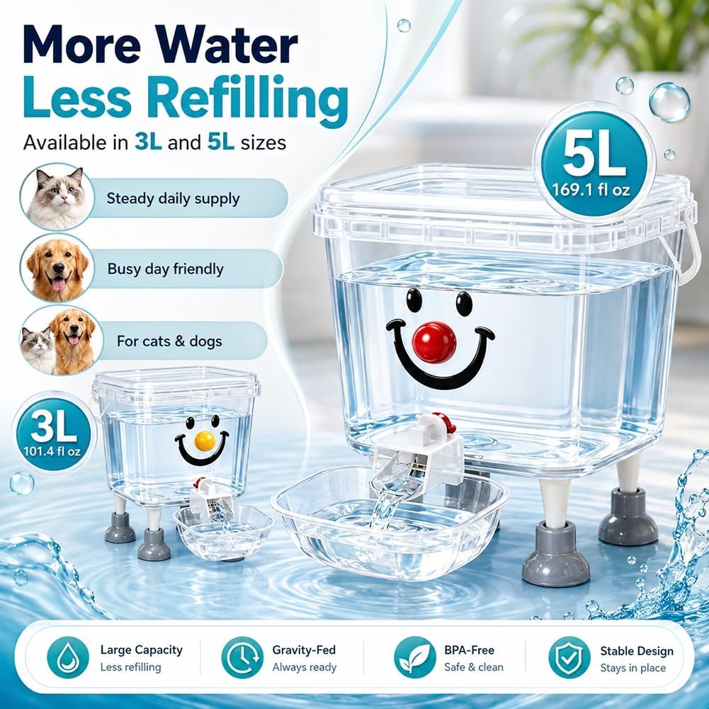 Pet Water Dispenser with Large Capacity, Gravity Bowl Fountain Automatic Elevated Bucket Electricity Free Easy Clean Refill Dog Cat Puppy Indoor Hydration Station for Small Pets Home Use