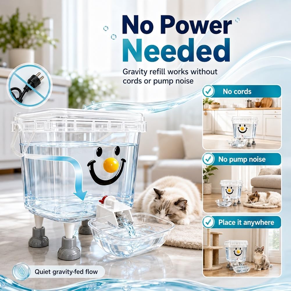 Pet Water Dispenser with Large Capacity, Gravity Bowl Fountain Automatic Elevated Bucket Electricity Free Easy Clean Refill Dog Cat Puppy Indoor Hydration Station for Small Pets Home Use