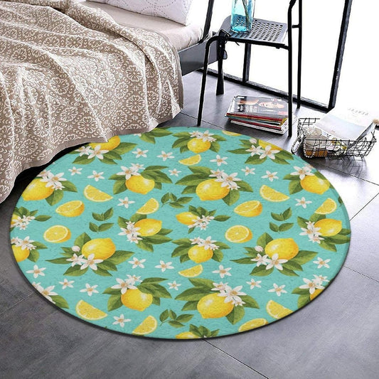 Washable Area Rug 3ft for Bathroom, Tropical Fruits Mint Green Leaves Flowers Watercolor Lemon Soft Indoor Floor Mat Stain Resistant Round Mat for Bedroom Dining Room