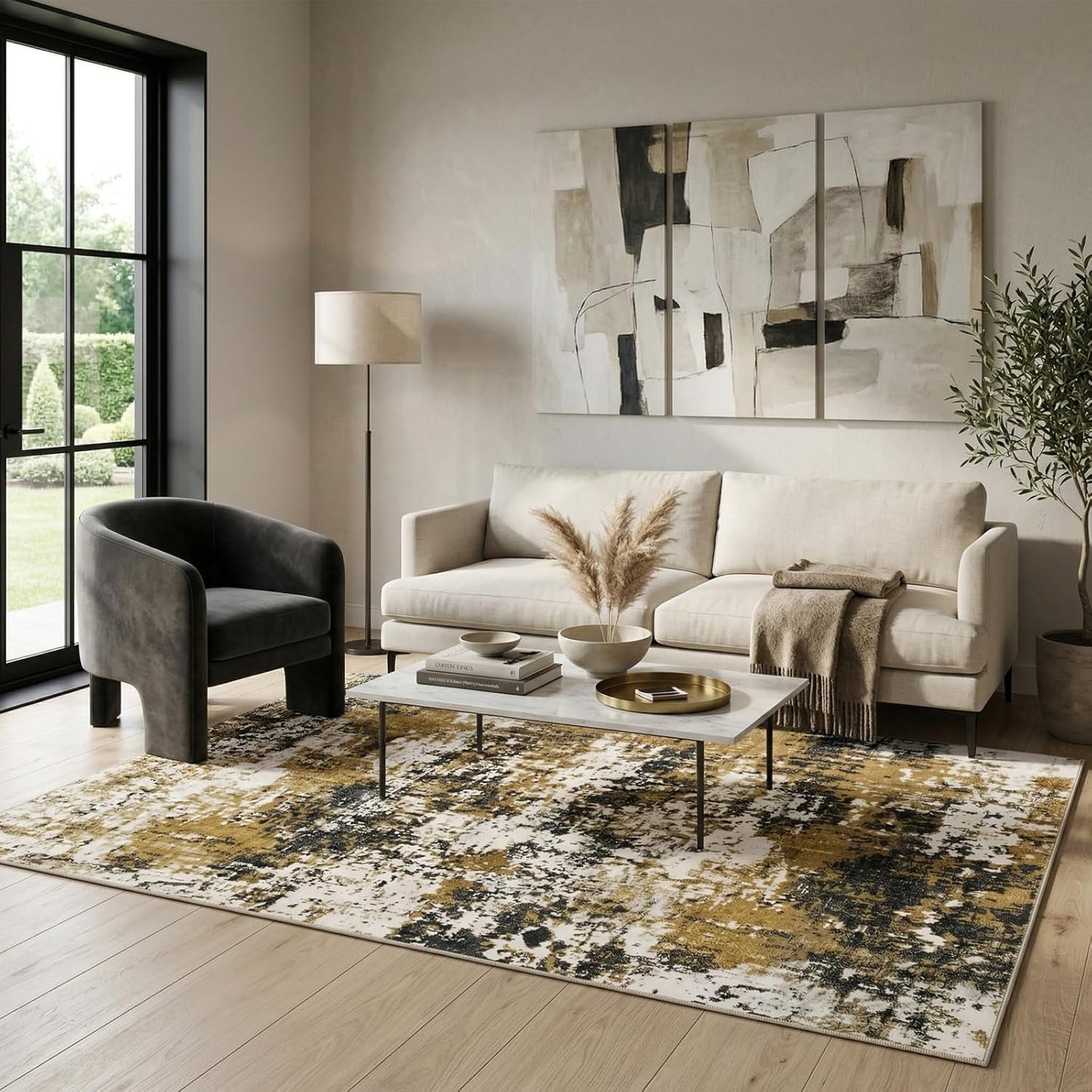Yellow and Grey Area Rug 5x7, Contemporary Abstract Rugs Washable Non Slip Distressed Modern Carpet for Living Room Bedroom