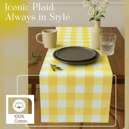 Lemon Yellow Buffalo Check Table Runner, 13x108 Inches, 100% Cotton, Washable, Reusable Farmhouse Dining Table Linen, Bright Summer Décor for Weddings, Baby Showers & Everyday Dining