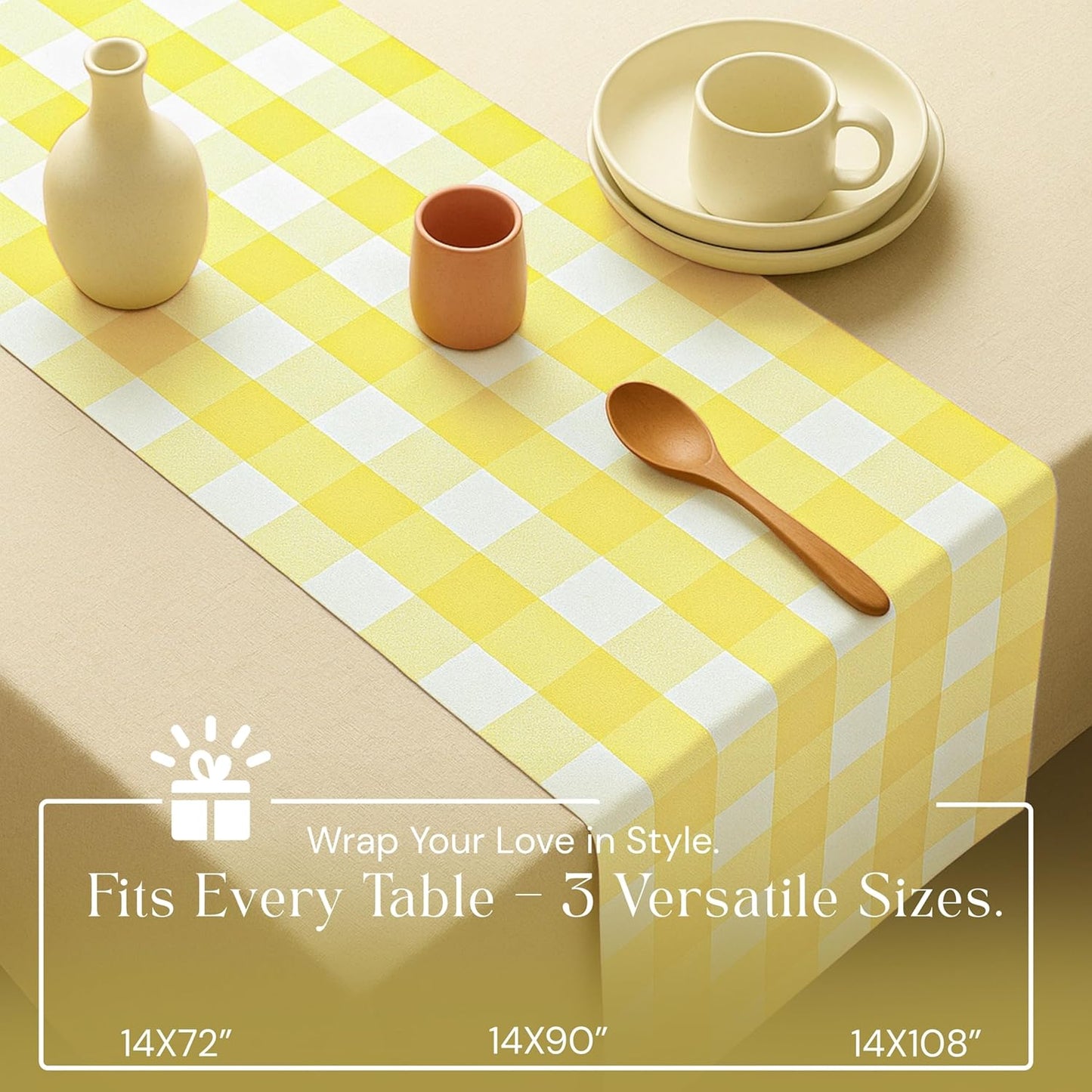 Lemon Yellow Buffalo Check Table Runner, 13x108 Inches, 100% Cotton, Washable, Reusable Farmhouse Dining Table Linen, Bright Summer Décor for Weddings, Baby Showers & Everyday Dining