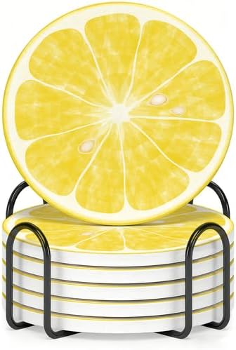 6Pcs Non-Slip Drink Coasters with Metal Holder, 4.1in Ceramic Coasters with Cork Base, Viral Summer Coastal Lemon Slice Coaster Set for Cup Mug Kitchen & Outdoor Patio Decor