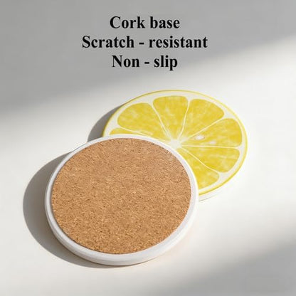 6Pcs Non-Slip Drink Coasters with Metal Holder, 4.1in Ceramic Coasters with Cork Base, Viral Summer Coastal Lemon Slice Coaster Set for Cup Mug Kitchen & Outdoor Patio Decor