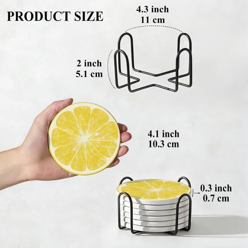 6Pcs Non-Slip Drink Coasters with Metal Holder, 4.1in Ceramic Coasters with Cork Base, Viral Summer Coastal Lemon Slice Coaster Set for Cup Mug Kitchen & Outdoor Patio Decor
