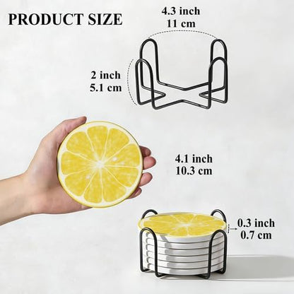 6Pcs Non-Slip Drink Coasters with Metal Holder, 4.1in Ceramic Coasters with Cork Base, Viral Summer Coastal Lemon Slice Coaster Set for Cup Mug Kitchen & Outdoor Patio Decor