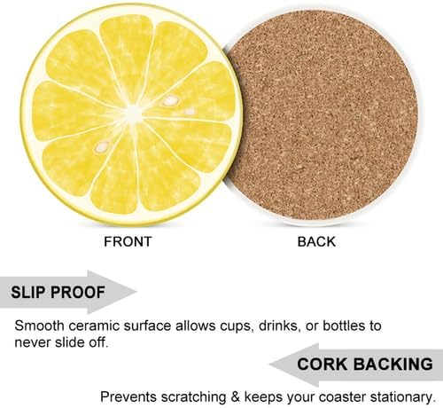 6Pcs Non-Slip Drink Coasters with Metal Holder, 4.1in Ceramic Coasters with Cork Base, Viral Summer Coastal Lemon Slice Coaster Set for Cup Mug Kitchen & Outdoor Patio Decor