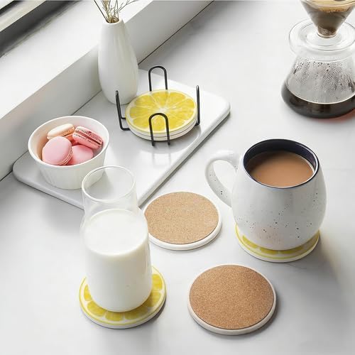 6Pcs Non-Slip Drink Coasters with Metal Holder, 4.1in Ceramic Coasters with Cork Base, Viral Summer Coastal Lemon Slice Coaster Set for Cup Mug Kitchen & Outdoor Patio Decor