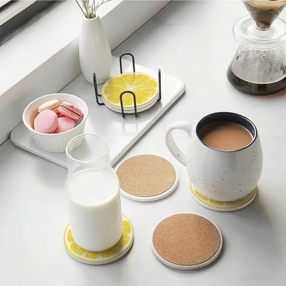 6Pcs Non-Slip Drink Coasters with Metal Holder, 4.1in Ceramic Coasters with Cork Base, Viral Summer Coastal Lemon Slice Coaster Set for Cup Mug Kitchen & Outdoor Patio Decor