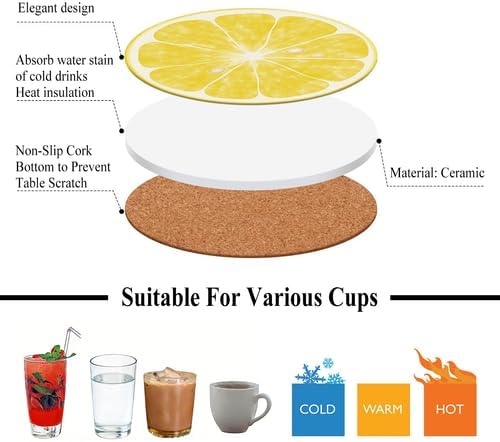 6Pcs Non-Slip Drink Coasters with Metal Holder, 4.1in Ceramic Coasters with Cork Base, Viral Summer Coastal Lemon Slice Coaster Set for Cup Mug Kitchen & Outdoor Patio Decor