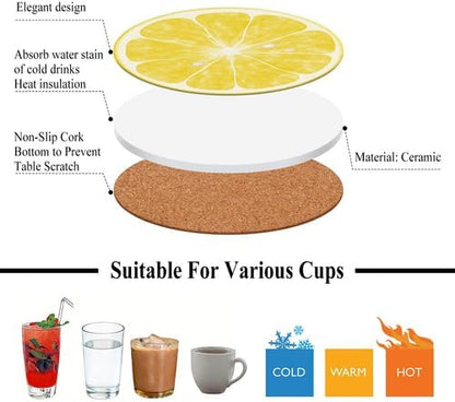 6Pcs Non-Slip Drink Coasters with Metal Holder, 4.1in Ceramic Coasters with Cork Base, Viral Summer Coastal Lemon Slice Coaster Set for Cup Mug Kitchen & Outdoor Patio Decor