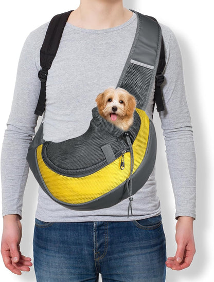 Dog Sling Carrier for Small Pet Up to 5.5 lbs Hand-Free Drawstring Pet Sling Carrier with Safety Hook & Adjustable Strap, (Yellow, 1 Pcs) Intended for Hiking and Camping