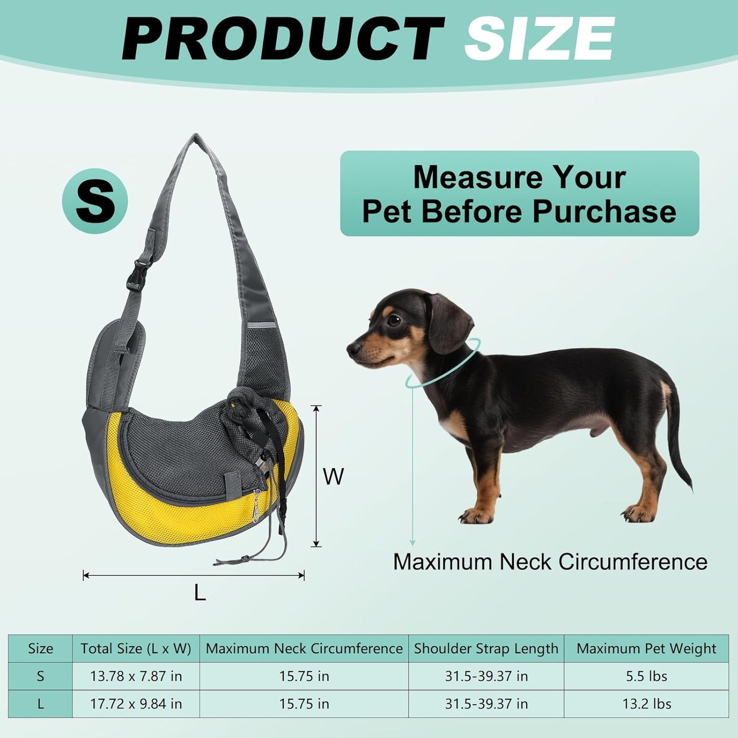 Dog Sling Carrier for Small Pet Up to 5.5 lbs Hand-Free Drawstring Pet Sling Carrier with Safety Hook & Adjustable Strap, (Yellow, 1 Pcs) Intended for Hiking and Camping