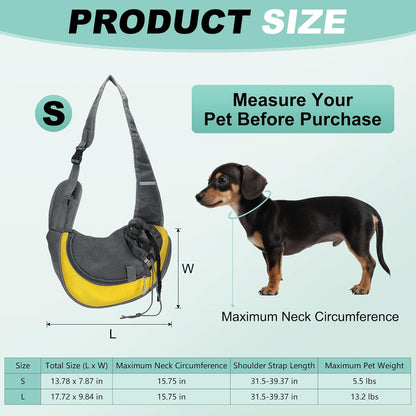 Dog Sling Carrier for Small Pet Up to 5.5 lbs Hand-Free Drawstring Pet Sling Carrier with Safety Hook & Adjustable Strap, (Yellow, 1 Pcs) Intended for Hiking and Camping