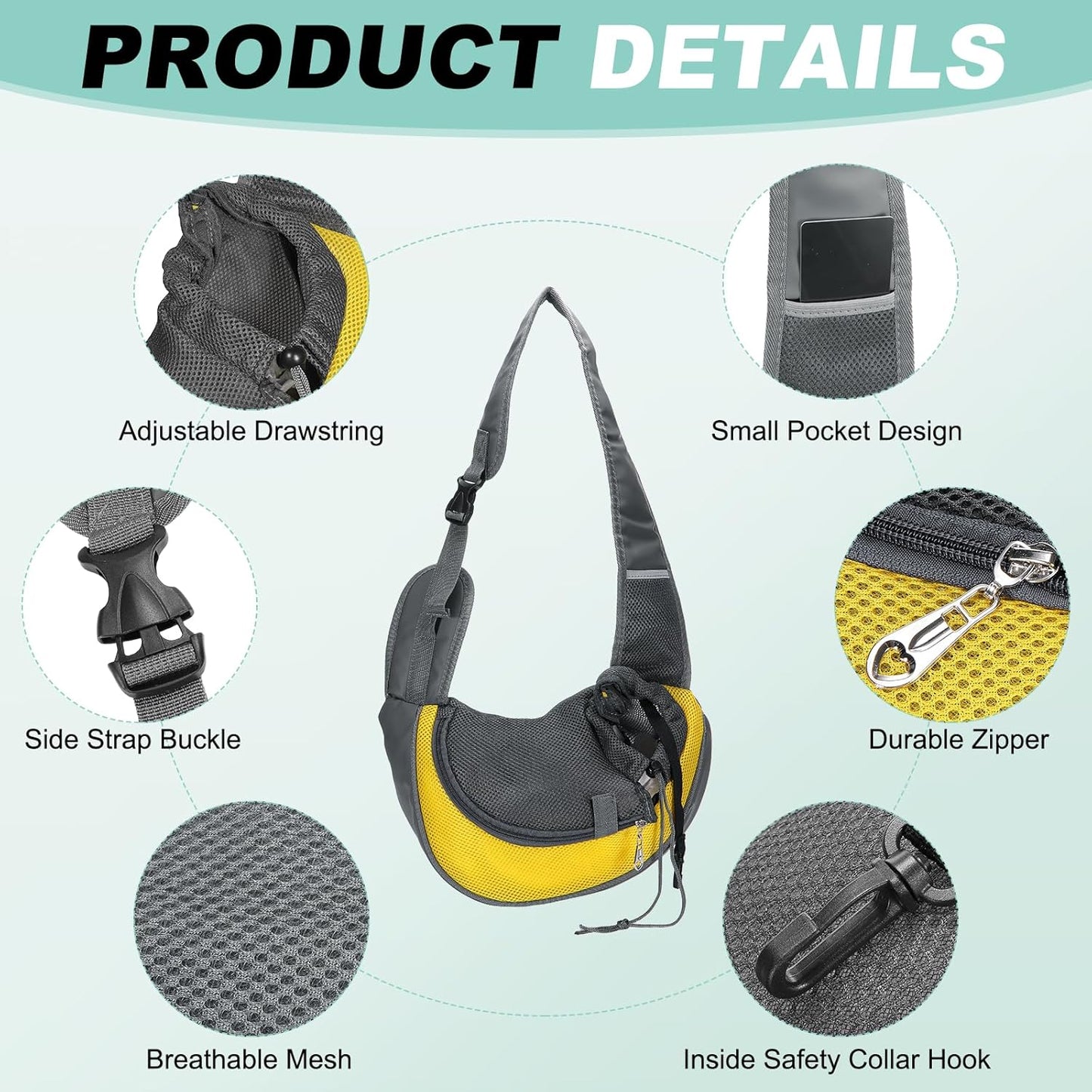 Dog Sling Carrier for Small Pet Up to 5.5 lbs Hand-Free Drawstring Pet Sling Carrier with Safety Hook & Adjustable Strap, (Yellow, 1 Pcs) Intended for Hiking and Camping
