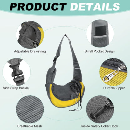 Dog Sling Carrier for Small Pet Up to 5.5 lbs Hand-Free Drawstring Pet Sling Carrier with Safety Hook & Adjustable Strap, (Yellow, 1 Pcs) Intended for Hiking and Camping