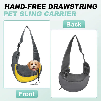 Dog Sling Carrier for Small Pet Up to 5.5 lbs Hand-Free Drawstring Pet Sling Carrier with Safety Hook & Adjustable Strap, (Yellow, 1 Pcs) Intended for Hiking and Camping