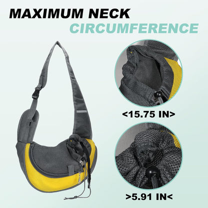 Dog Sling Carrier for Small Pet Up to 5.5 lbs Hand-Free Drawstring Pet Sling Carrier with Safety Hook & Adjustable Strap, (Yellow, 1 Pcs) Intended for Hiking and Camping