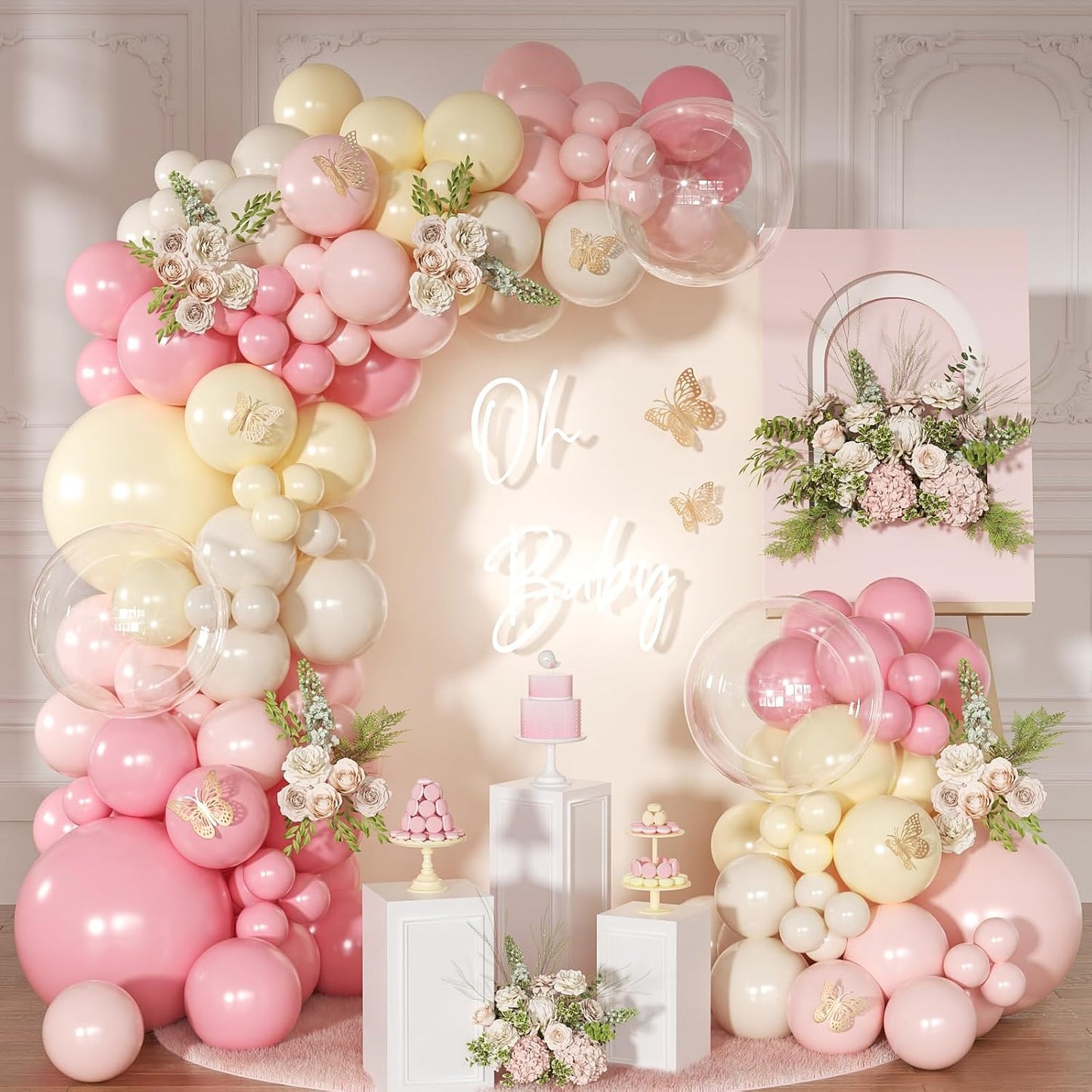 Pink and Yellow Balloon Arch Kit Pastel Yellow Balloons | 126Pcs Light Pink Sand White Balloons Garland Kit for Birthday Baby Shower Bridal Shower Wedding Bee Bear Party Decorations