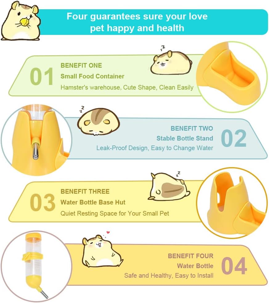 3 in 1 Hamster Water Bottle Small Animal Water Bottle with Food Container Base Hut Hanging Pet Automatic Feeding Drinking Dispenser for Dwarf Hamster Rats Mouse Gerbil Mice