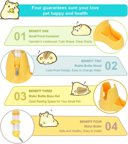 3 in 1 Hamster Water Bottle Small Animal Water Bottle with Food Container Base Hut Hanging Pet Automatic Feeding Drinking Dispenser for Dwarf Hamster Rats Mouse Gerbil Mice