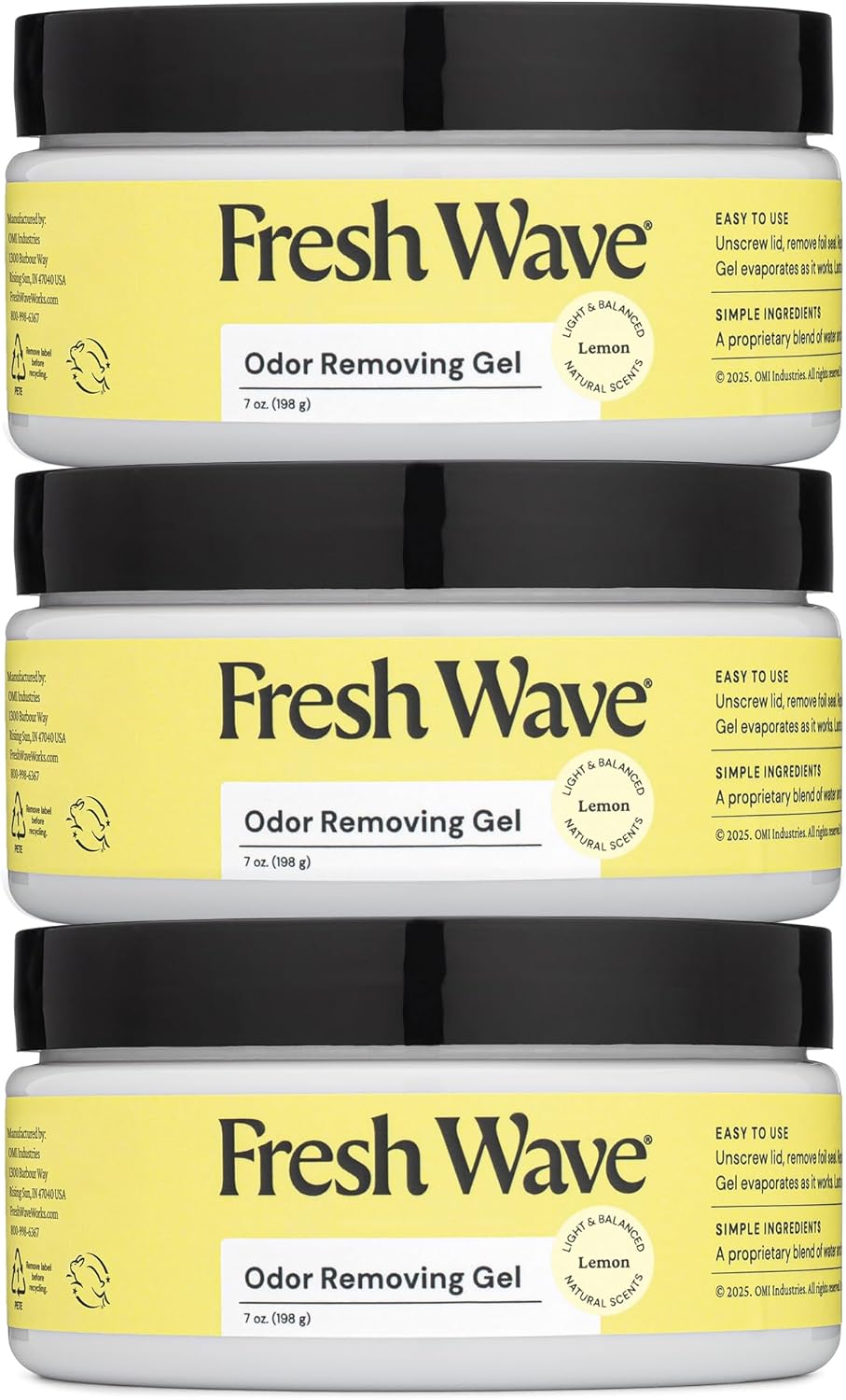 Lemon Odor Eliminator Gel 3-Pk 7 oz - Air Freshener for Home | Plant-based essential oils. Lasts 15-30 days per jar. No plug-in needed. Pet-safe, closet and bathroom deoderizer.
