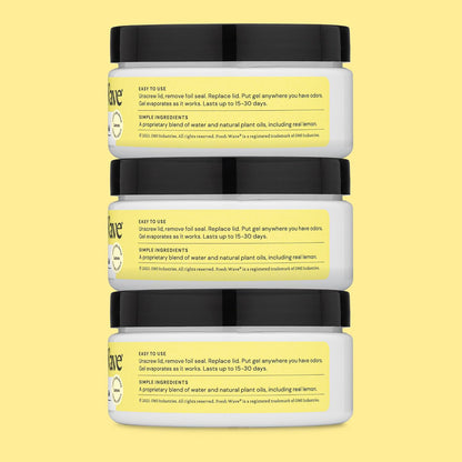 Lemon Odor Eliminator Gel 3-Pk 7 oz - Air Freshener for Home | Plant-based essential oils. Lasts 15-30 days per jar. No plug-in needed. Pet-safe, closet and bathroom deoderizer.
