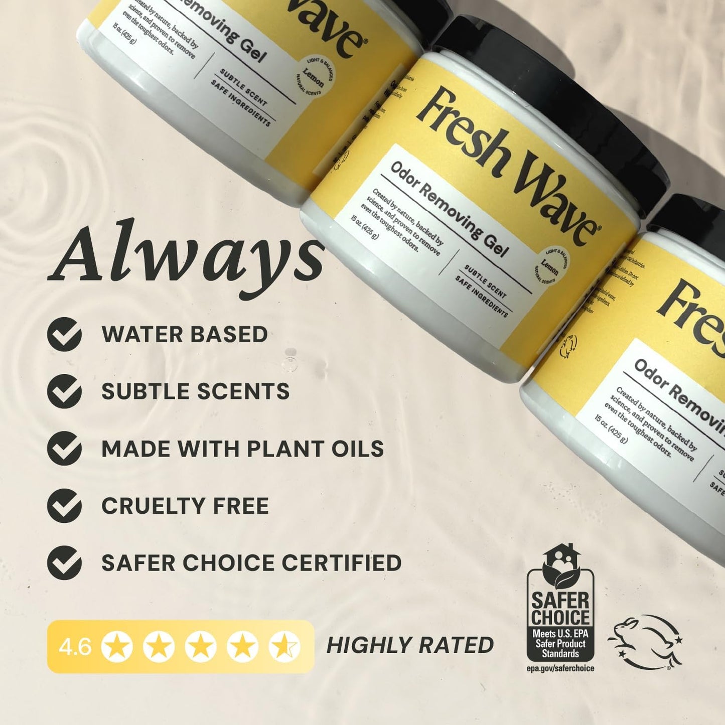 Lemon Odor Eliminator Gel 3-Pk 7 oz - Air Freshener for Home | Plant-based essential oils. Lasts 15-30 days per jar. No plug-in needed. Pet-safe, closet and bathroom deoderizer.