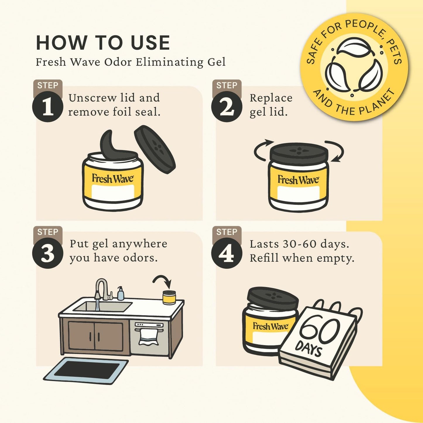 Lemon Odor Eliminator Gel 3-Pk 7 oz - Air Freshener for Home | Plant-based essential oils. Lasts 15-30 days per jar. No plug-in needed. Pet-safe, closet and bathroom deoderizer.