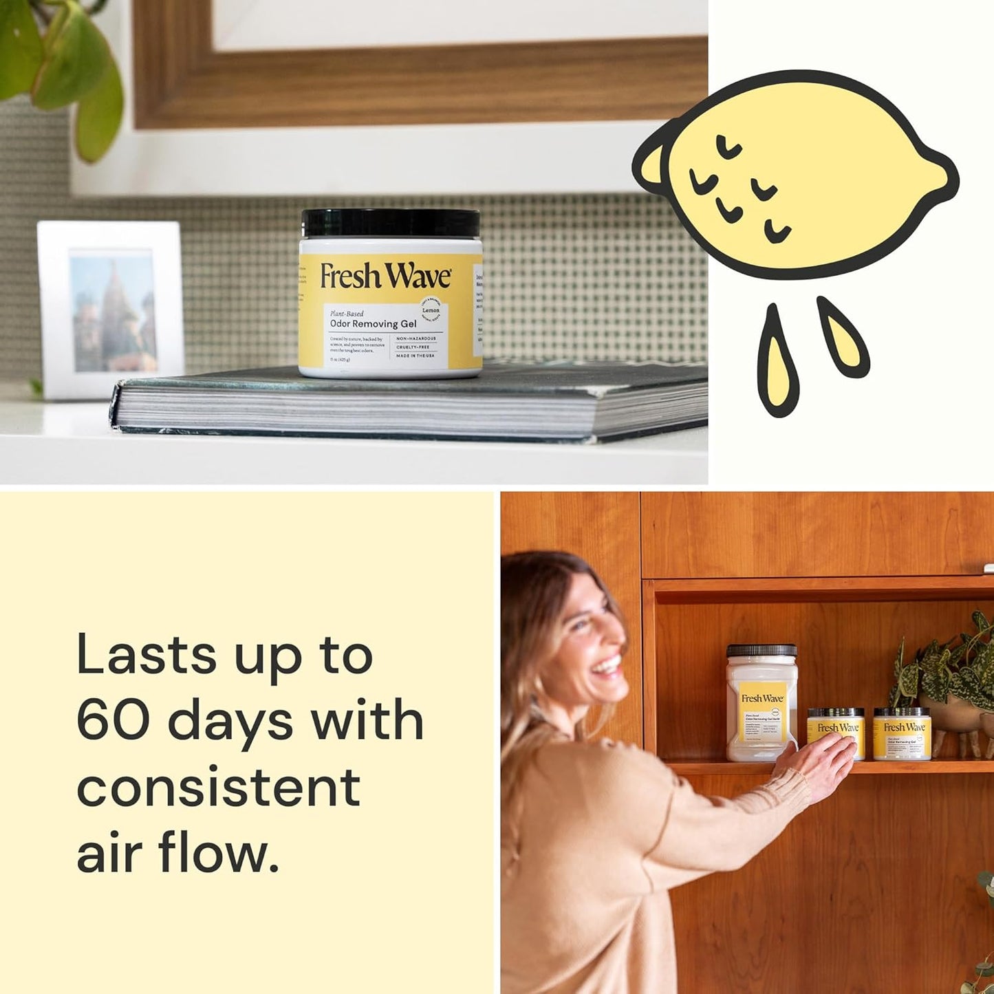 Lemon Odor Eliminator Gel 3-Pk 7 oz - Air Freshener for Home | Plant-based essential oils. Lasts 15-30 days per jar. No plug-in needed. Pet-safe, closet and bathroom deoderizer.