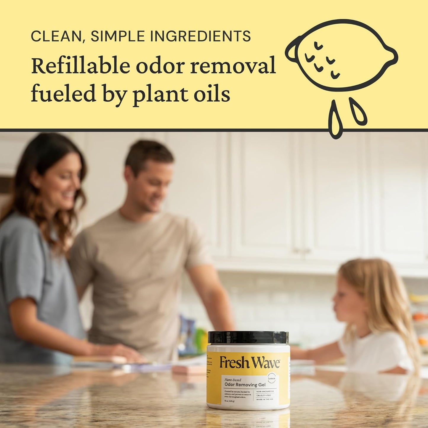 Lemon Odor Eliminator Gel 3-Pk 7 oz - Air Freshener for Home | Plant-based essential oils. Lasts 15-30 days per jar. No plug-in needed. Pet-safe, closet and bathroom deoderizer.