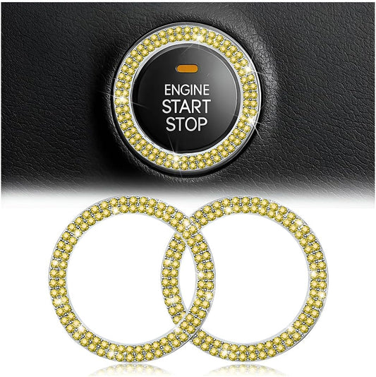 Car Bling Crystal Rhinestone Engine Start Ring Decals, 2 Pack Car Push Start Button Cover/Sticker, Key Ignition Knob Bling Ring, Sparkling Car Interior Accessories for Women (Double Yellow)