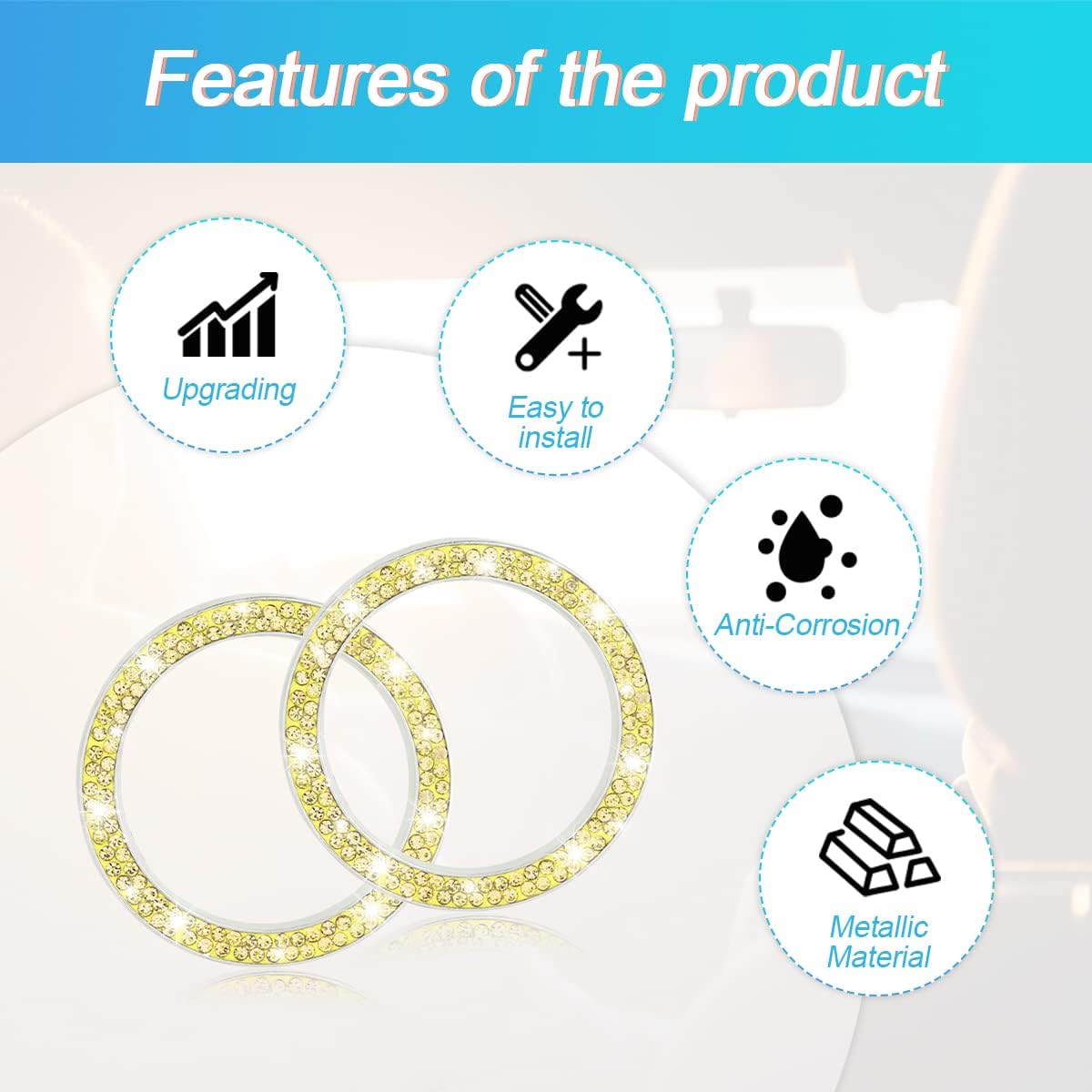 Car Bling Crystal Rhinestone Engine Start Ring Decals, 2 Pack Car Push Start Button Cover/Sticker, Key Ignition Knob Bling Ring, Sparkling Car Interior Accessories for Women (Double Yellow)