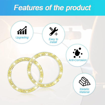 Car Bling Crystal Rhinestone Engine Start Ring Decals, 2 Pack Car Push Start Button Cover/Sticker, Key Ignition Knob Bling Ring, Sparkling Car Interior Accessories for Women (Double Yellow)