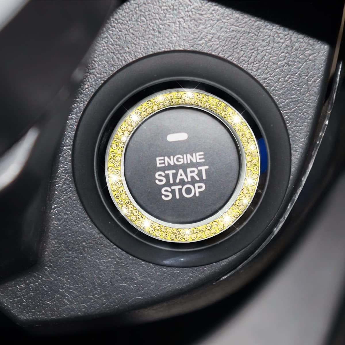 Car Bling Crystal Rhinestone Engine Start Ring Decals, 2 Pack Car Push Start Button Cover/Sticker, Key Ignition Knob Bling Ring, Sparkling Car Interior Accessories for Women (Double Yellow)