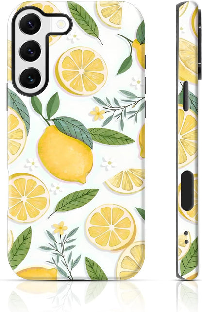 for Samsung Galaxy S22 Case 6.1 inch Lemon Floral & White Pattern, 2 in 1 Sublimation Film Case, Fresh & Vibrant & Rustic Style, Fruit Fans, Summer Gift